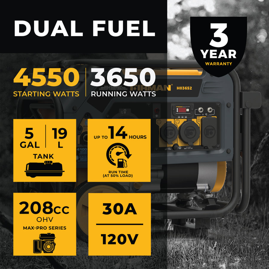 FIRMAN® Dual Fuel Portable Generator 3650W Recoil Start #H03652