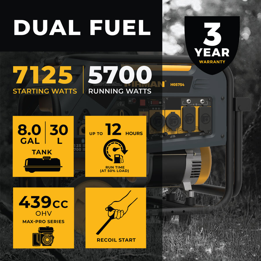 FIRMAN® Dual Fuel Portable Generator 5700W Recoil Start 120/240V #H05754
