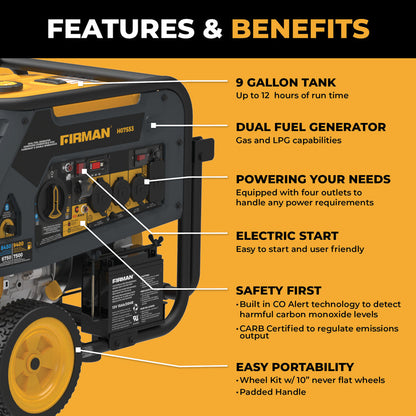 FIRMAN® Dual Fuel Portable Generator 9400W Electric Start 120/240V with CO Alert #H07553