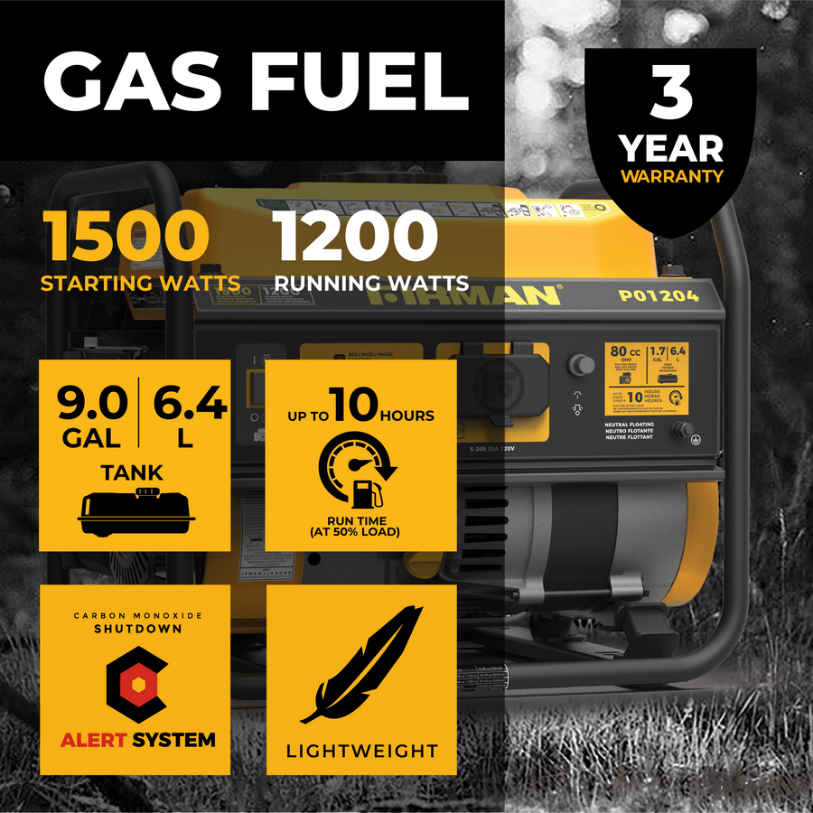 FIRMAN® Gas Portable Generator 1500W Recoil Start with CO alert #P01204