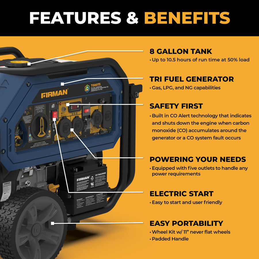FIRMAN® Tri Fuel  Portable Generator 10000/8000W Electric Start With CO Alert #T08073