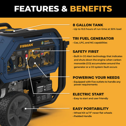 FIRMAN® Tri Fuel  Portable Generator 10000/8000W Electric Start With CO Alert #T08073