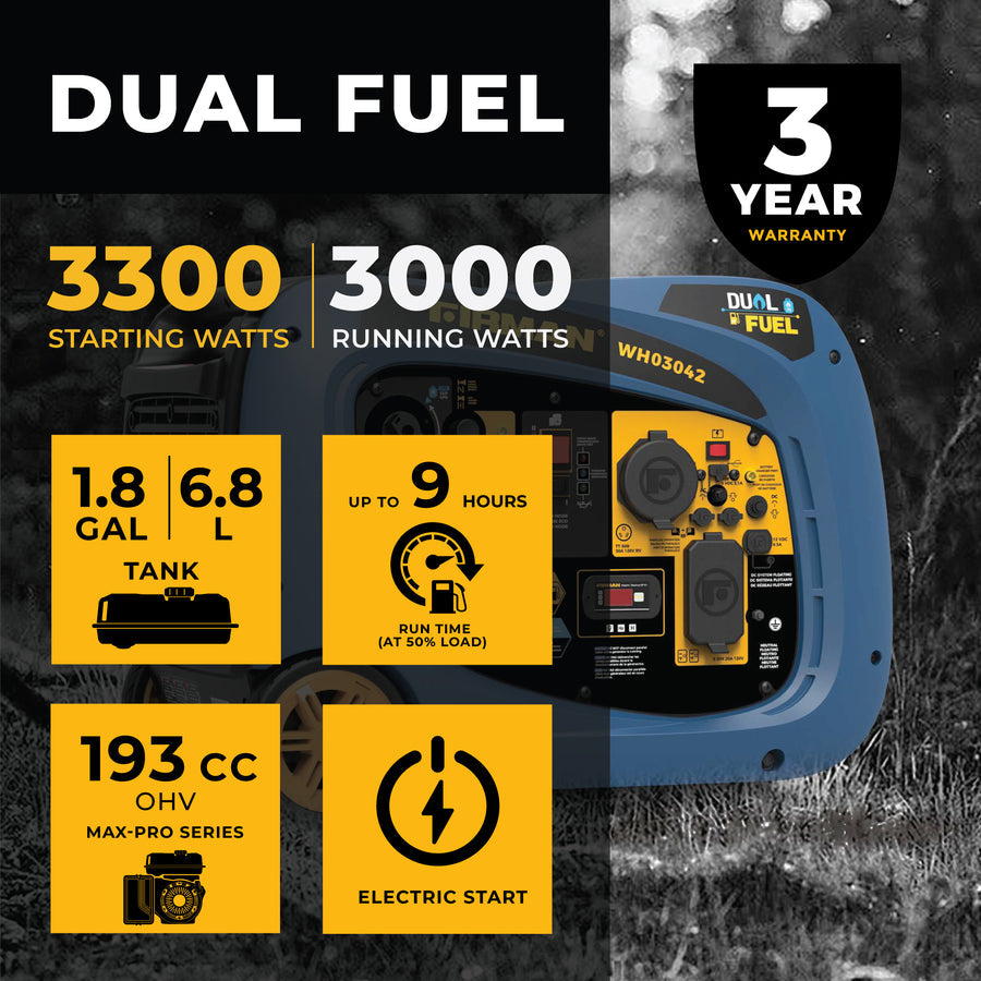 FIRMAN® Dual Fuel Inverter Portable Generator 3300W Electric Start #WH03042