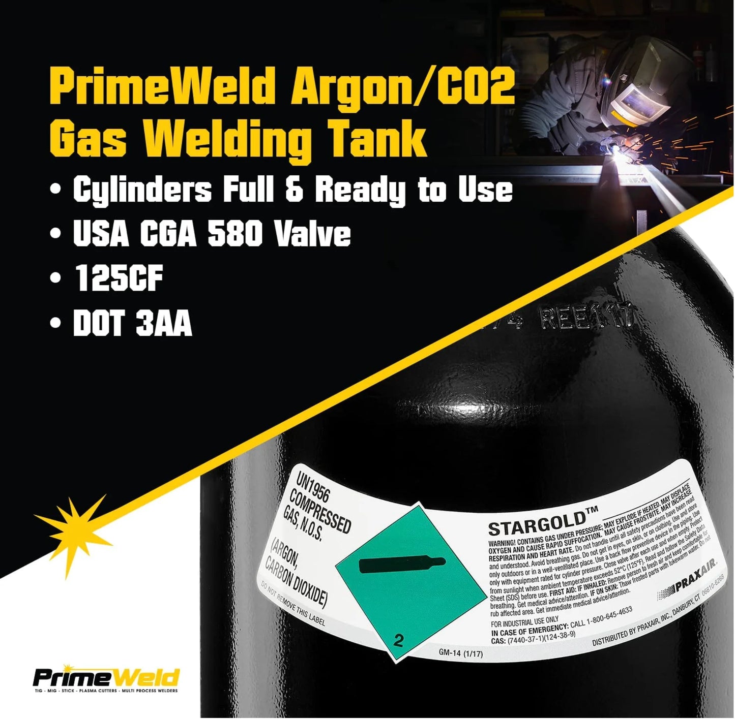 PrimeWeld 100% Argon Gas Full Welding Tank for TIG Welding Multiple Sizes